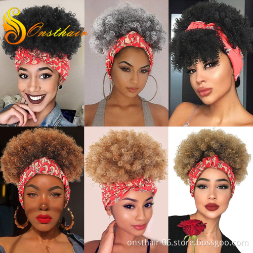 Afro Puff Turban Synthetic Wig Short Kinky Curly Headwrap Drawstring Wrap-wig 2 in 1 Updo Head-Wrap Wig for African American